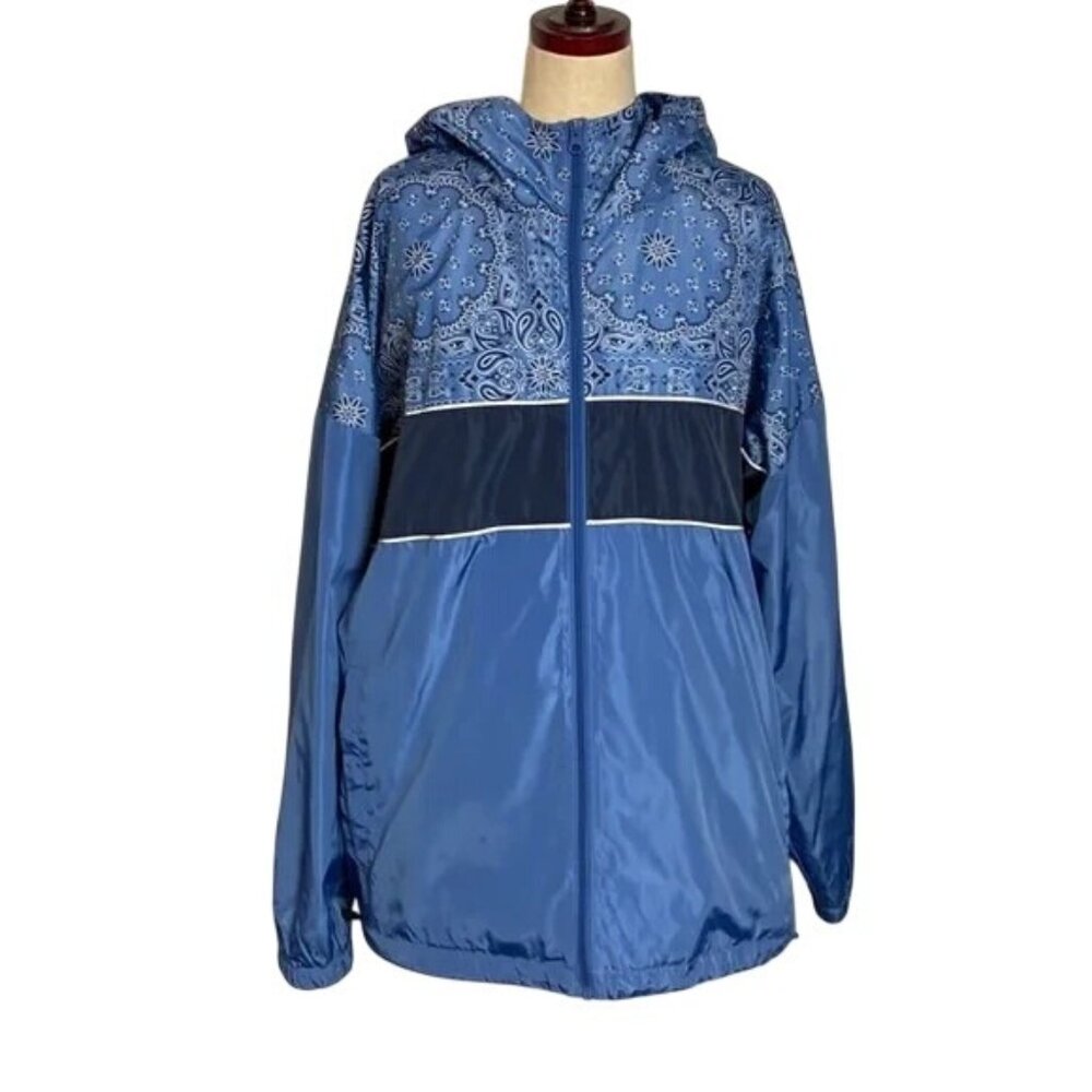 Original Use Blue Bandana Print Windbreaker Jacket Hood Large